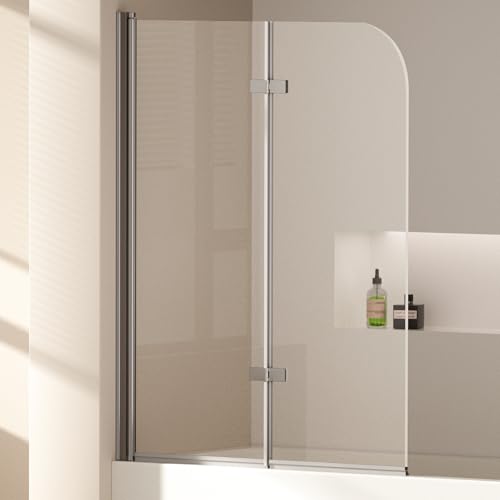 EMKE Panel de ducha para bañera 110x140 cm, mampara de bañera plegable de 2 partes, panel de bañera de vidrio de seguridad de 6 mm, separación de ducha para bañera, fácil de limpiar