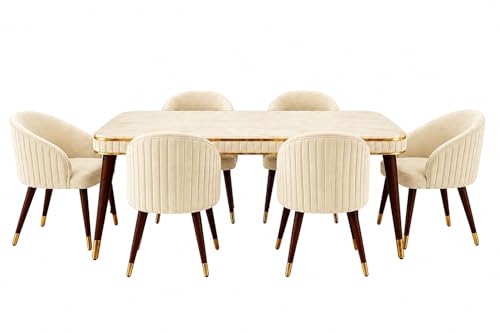 Image of WOODEN SPACE 6-Seater Wooden Dining Table Set | Nano Composite Marble Top | Solid Wood Base | Modern Dining Room Furniture with 6 Chairs (Modern Beige)
