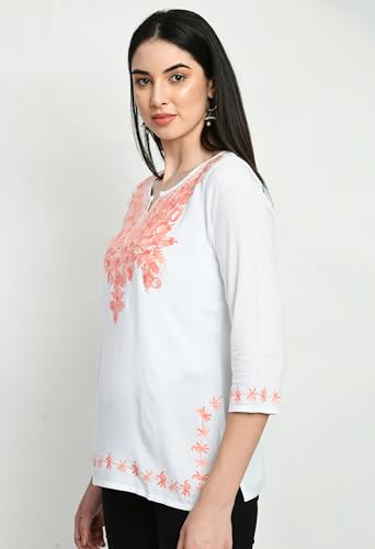 Image of QAZMI Women's Cotton Rayon Regular Kurta (White Peach Kerry Short XXS