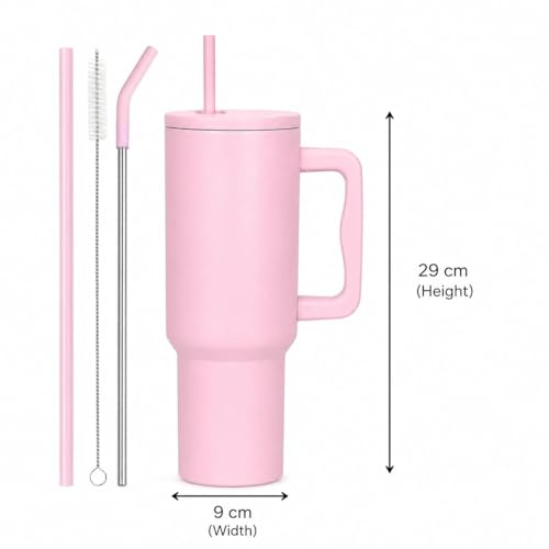 Image of WEZOSHINET 1200ml Stainless Steel Tumbler with Handle & Steel Straw | Double Wall Vacuum Insulated Mug | Spill Proof Lid | Beer & Cold Drink Travel Cup (40 - Oz - Pink)
