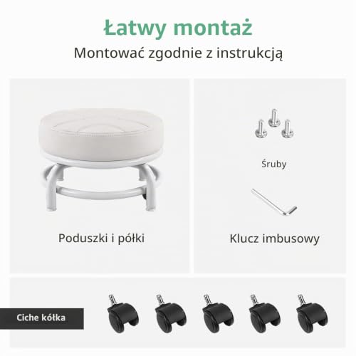 FURWOO Niski taboret ze skóry PU na kółkach, stołek mechaniczny na kółkach, do domu, biura, garażu, sklepu, biały