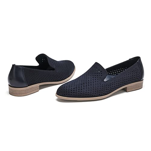 Centropoint Women's Breathable Penny Loafers Low Block Heel Slip-On Shoes Pointed Toe Dress Flats With Hole(Navy Faux Suede, Numeric_8) #TOP7