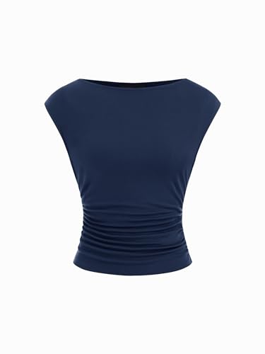 Image of CIDER Boat Neck Tops for Women Sleeveless Ruched Crop Tank Tops | Slim Fit, Trendy Summer Outfits, Casual Tee Shirt