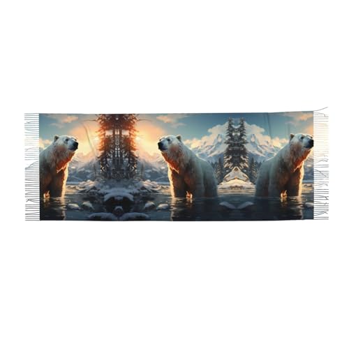 asbwuo Warmer Quastenschal mit Eisbär-Wintermotiv, bedruckter Quastenschal, 195 cm x 69 cm, geeignet für den Winter, warm und bequem.