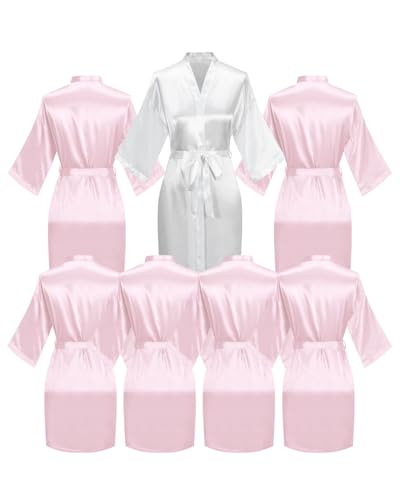 Image of 7 Pieces Women Silky Robe Satin Kimono Wedding Shower Bride Bridesmaid Bathrobe Spa Party Sleepwear
