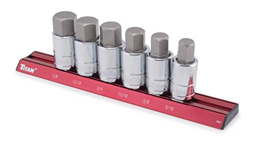 Titan 16130 6-Piece 1/2-Inch Drive SAE Hex Bit Socket Set, Magnetic Socket Organizer with Laser-Etched Size Markings