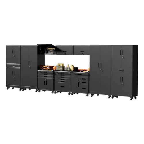 FLIXELIO Black Garage Storage Cabinets System 10PCS Workshop Set with Drawers Locking Heavy Duty Rolling Cart with Adjustable Shelves Garage Tool Workbench Cabinets, 10pcs1789