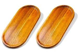 Image of Premium Luxury 100% Natural Acacia Wood Tray Set of 2 Boards Rustic Wooden Serving Trays Oval Platters Charcuterie for Party Breakfast Coffee Table Home Decorative Trays 13 x 6 inch