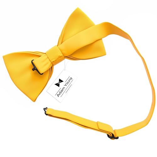 Adam Young Boy's Bright Yellow Bow Tie Pre-Tied Style Formal Satin Classic Bowtie for Tuxedo Faux Silk (Medium, Merigold Yellow)3