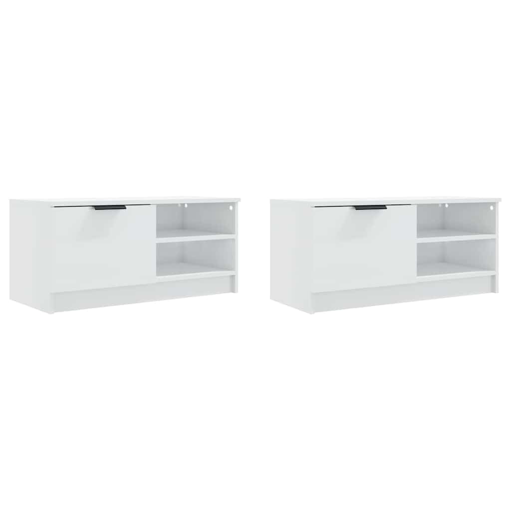 Set di 2 mobili per TV, in legno bianco lucido, 80 x 35 x 36,5 cm, con cassetto e scomparti, per soggiorno, home theater e camera da letto