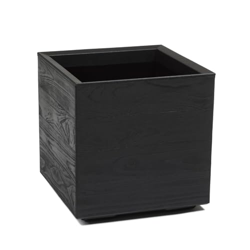 Pflanzkübel mit Rollen 40 cm, 36L – Blumentopf aus Kunststoff in Holzoptik – Übertopf mit Wasserablauf – Modern für Innen & Außen - Wetterfest & Pflegeleicht, Schwarz