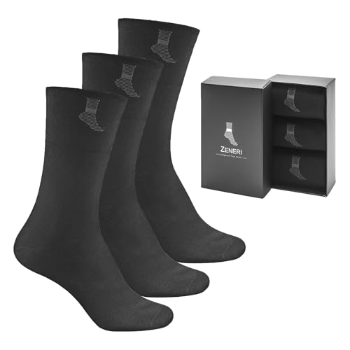 Zeneri Herren Business Socken 43–46 (3er Pack) rutschfeste Anzugssocken Herren ohne Druck, 93% Baumwolle, atmungsaktiv, mittelhoch, Schwarz