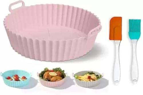 Image of Air Fryer Silicone Tray | Air Fryer Liners I Round Silicone Basket Baking Tray I Pot with Ear Handles I Nonstick Reusable Heat Resistant I Cooking Oven Insert Accessories (Pink + Oil Brush)
