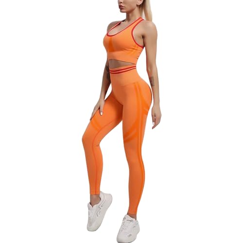 dohomiryo Damen Sportanzüge 2 Stücke Nahtlose Outfit Traingsanzug Jogginganzug Sport Bra und Leggings Bekleidungssets Yoga Outfit Freizeitanzug Sportswear Orange L