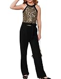 GRACE KARIN Mädchen Pailletten Overall mit Taschen Jazz Dance Disco Party Kostüm Kinder Festliche Kleidung Spielanzug Jumpsuit Schwarz 13-14 Jahre