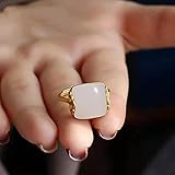 Sdouefos Imitation Hetian Jade Adjustable Ring Gold Plated White Jade Band Statement Ring Retro Palace Chinese Style Index Finger Classic Ruyi Cloud Open Ring