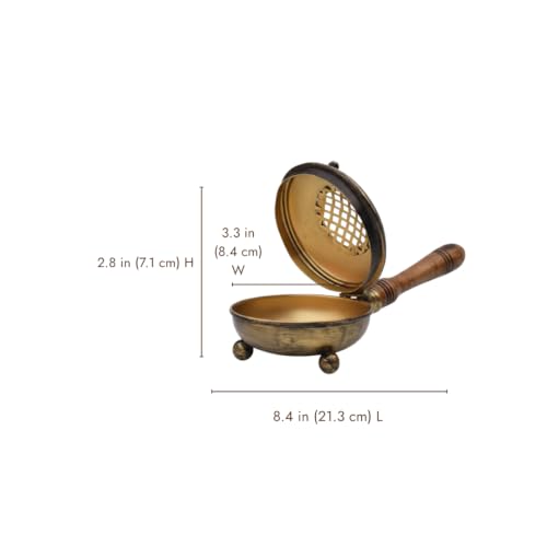 Image of ServDharm Dhoop Dani with Handle | Incense and Loban Burner Dhuni Stand for Home, Office and Temple Pooja | Metal Dhoop Dani Antique Gold, Round, 3.3 Inch |11.4 cm