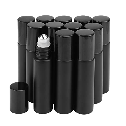 12 Pack 10ml Glass Roller Bottles Black Frosted Roll On Bottles Essential Oil Roller Bottles Perfume Sample Bottles Cosmetic Containers With Stainless Steel Roller Balls Opener&Dropper included
