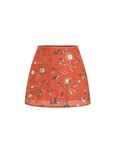 Milumia Women's Boho Floral Embroidery Sequin Mini Skirt Summer Vacation A Line Skirts