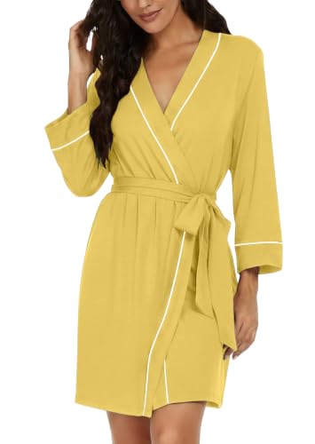 Image of PrinStory Womens Robe Knee Length Soft Knit Bathrobe S-2XL | V-Neck 3 /4 Sleeve Robes with Pockets, Lightweight, Breathable Bath Robe for Shower, Spa, Travel, Home, Party, Nursing