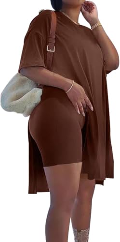 Image of AXOSY Women Plus Size 2 Piece Outfits Short Sleeve Tunic Tops and Skinny Biker Shorts Sets Tracksuits