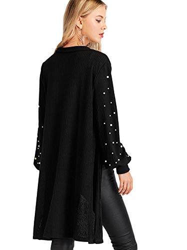 Floerns Women's Open Front Pearl Beading Lantern Sleeve Sweater Long Cardigan2
