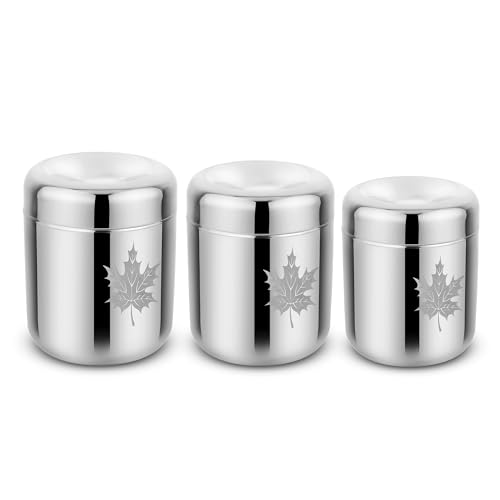 Image of 304 Grade Stainless Steel Canisters /Containers Set Of 3 Pcs (350, 550 & 700ml) Permanent Laser Design - Maple, Looks Beautiful, Attractive & Elegant - Durable, Safe & Unbreakable