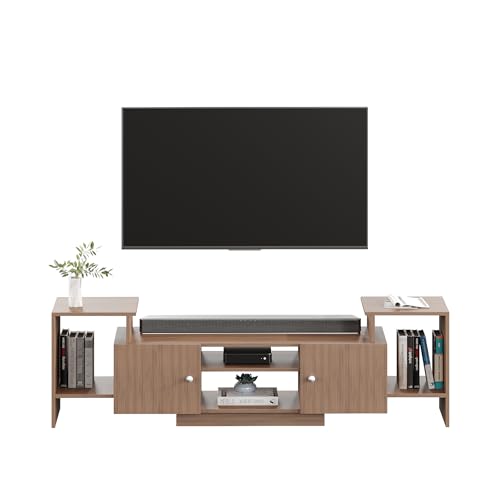 Image of FURNEASER Eptimal Modern Wooden TV Unit for Living Room | Engineered Wood Entertainment Center with Storage | TV Stand for 65 Inch TVs | TV Cabinet with Shelves & Doors | Exotic Teak | 160 cm Length