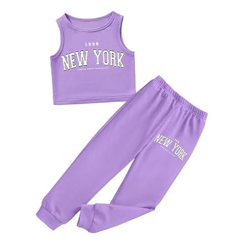 BAVADER Girls Clothes 9-10Y Kids Clothes Girls Crop Tank Top Clothes for Girls Sweatpants Girls 2 Piece Summer Outfits Little Girls Clothes Cute Clothes for Girls 9-10 Letter Purple Cover