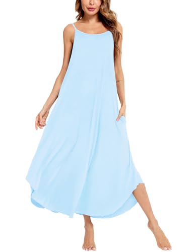 Image of SWOMOG Women Long Nightgown Pajama Dress Soft Strap Nightdress Summer Sleeveless Nightshirt Lounge Dress with Pockets