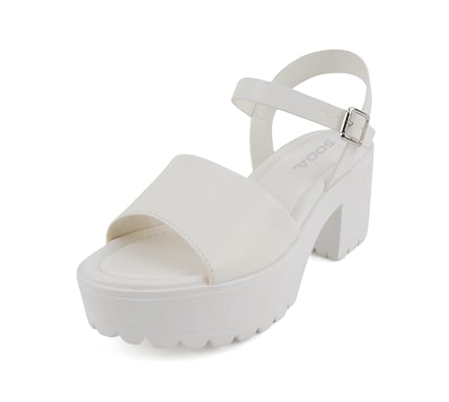Image of Soda inchStacie inch ~ Women Open Toe Lug Sole Mid Block Heeled Sandals with Adjustable Ankle Strap