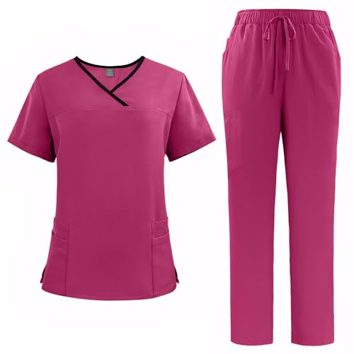 Meichoon Scrub Set unisex medicinsk uniform set polyester andningsbar snabbtorkande anti-noppning arbetskläder med 4 fickor topp stretchbyxor DK51, Rosa, M