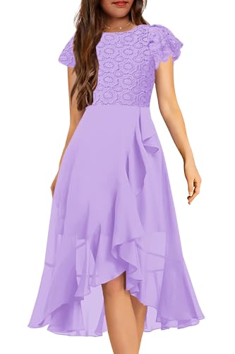 HOSIKA Girls Bohemian Ruffle Short Sleeve Chiffon Communion Formal A-line Dress for Wedding Party 10-11 Years Light Purple