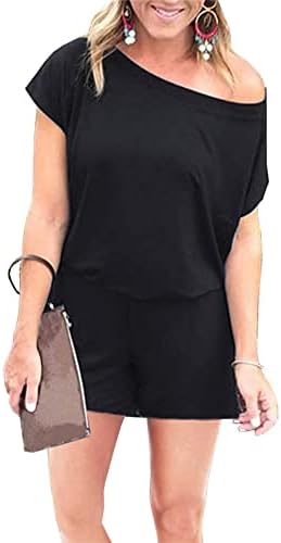 PRETTYGARDEN Women's Summer Casual Off Shoulder Rompers Short Sleeve Loose One Piece Jumpsuit with Pockets (Black,Medium)