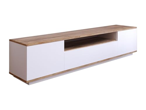 Vente unique Mueble TV con 3 Puertas y 1 Estante   Blanco y Natural   LOTULA