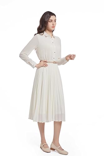 Image of Business Casual Shirt Dress for Women Long Sleeves Pleated Midi Dresses with Belt