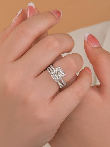 4CT Cushion Cut Engagement Ring Set for Women, S925 Silver CZ Bridal Ring Set with X-Shaped Pavé Band, Wedding & Anniversary Jewelry Gift3