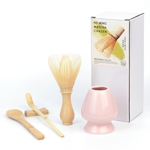 HEI MING Kit Matcha (5 pezzi) - Frusta Matcha in PP Resistente, Facile da Pulire con Portafrusta Rosa