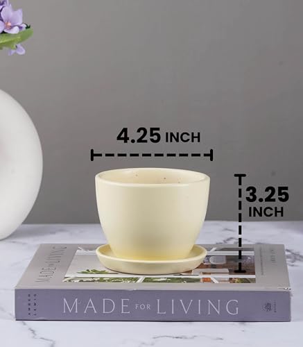 Image of Nurturing Green Set of 2 Modern Ivory White Ceramic Pots (Plants Not Included) for Home, Indoor Decor & Gifting (Size: Small (4.25 Inch Wide) | Comes with Bottom Plates)