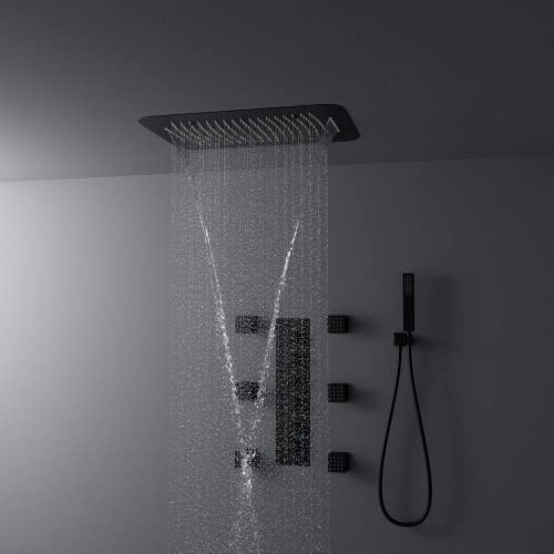 AYIVG Sistema de Ducha Integral Mate Negro con 3 en 1 Multi Función Cabezal de Ducha de 16 x 24 Pulgadas de Latón y Válvula Termostática con 6 Jets Corporales miniatura 2