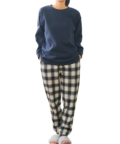[Lafuku] ラフク 裏起毛 パジャマ ルームウェアセット レディース トレーナー スウェット 長袖 パンツ 長ズボン あったか 10色展開 ネイビー×チェック柄 Sの商品画像（Amazon）