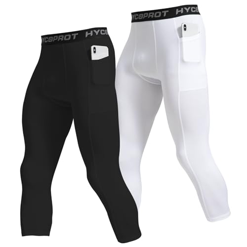 HYCOPROT Herr 3/4 kompressionsbyxor med fickor löpning träning atletiska tights capri leggings baslager basket gym, Svart+vitt, M