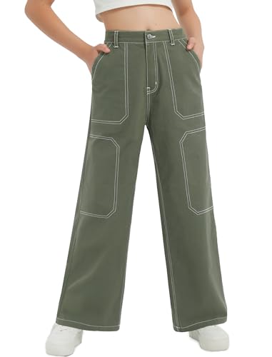EXARUS Girls Wide Leg Jeans Cargo Baggy Denim Pants with Pockets Back Elastic Waist Mid Rise Teen Casual 8-14Y