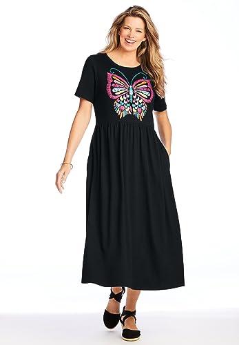 Woman Within Women's Plus Size Short-Sleeve Scoopneck Empire Waist Dress - 1X, Black Multi Butterfly #TOP4