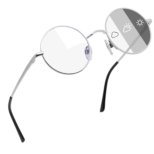 Joopin Fotocromáticas Gafas Filtro Luz Azul Redondas para Hombre y Mujer Protección UV para Juegos TV Ordenador Marco de Metal Plateado
