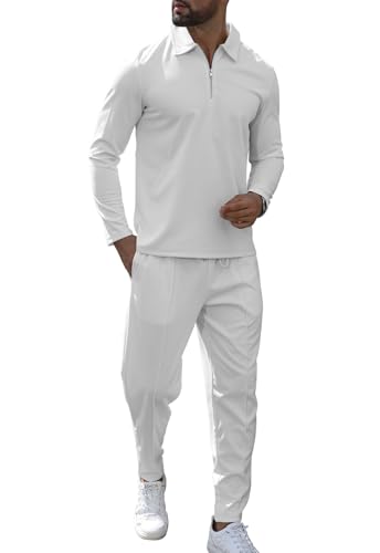 KUYIGO Conjunto deportivo de 2 piezas con cremallera de 1/4 para hombre, conjunto de sudadera y pantalones deportivos casuales de gofre, ropa deportiva, traje de golf, S-XXL, blanco, M