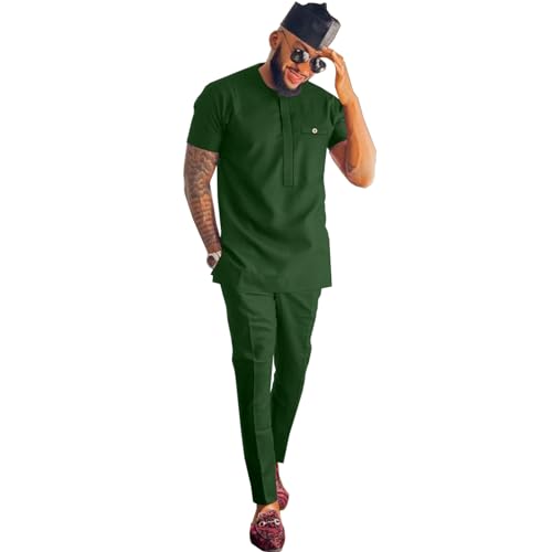 African Men Suit Summer Fashion Clothes 2 Piece Sets Short Sleeve Shirt Pants Slim Attire Dashiki Outfits tr50 Army Green XX-Large