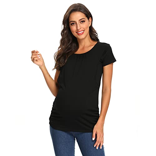 L Pattern Maternity Tops Women's Nursing Tops Short Sleeve Crew Neck For Breastfeeding Tee Shirts Navy Blue 3 Pieces, Black + Blue + Gray, Large #TOP6