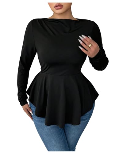 Women's Plus Size Boat Neck Ruffle T Shirt Long Sleeve Peplum Tops Casual Dressy Tees