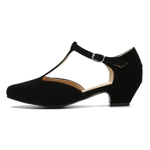 Image of MAIERNISI JESSI Women's T-Strap Mary Jane Pumps, Low Block Heel, Closed Toe, Buckle Ankle Strap